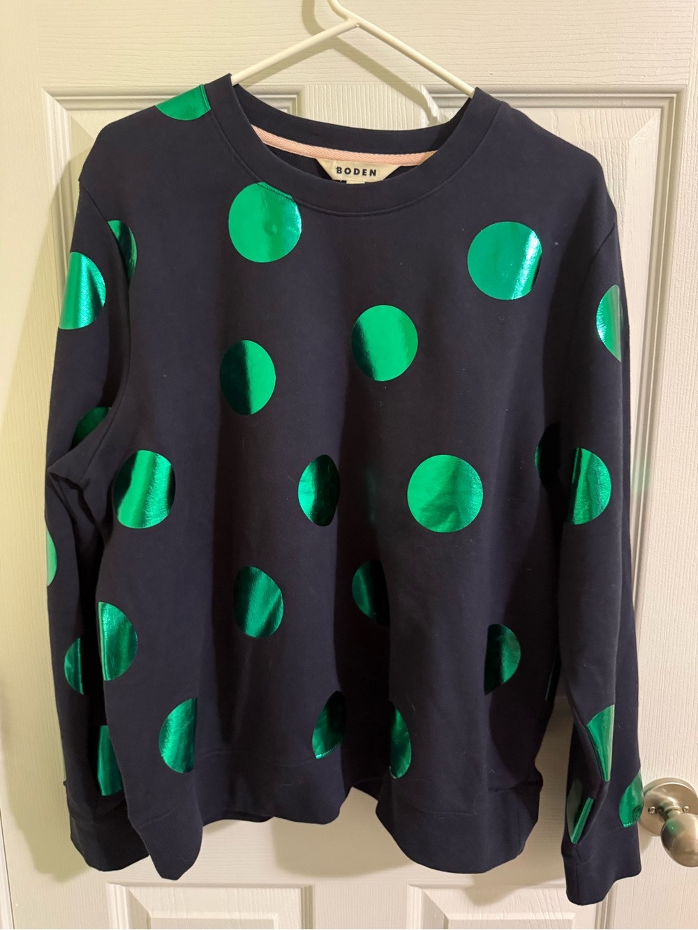 Boden Hannah Printed Sweatshirt in Navy Blue with Metallic Green Foil Polka Dots